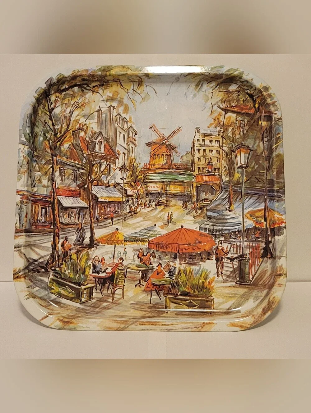 Parisian Café Metal Serving Tray in Red and Brown